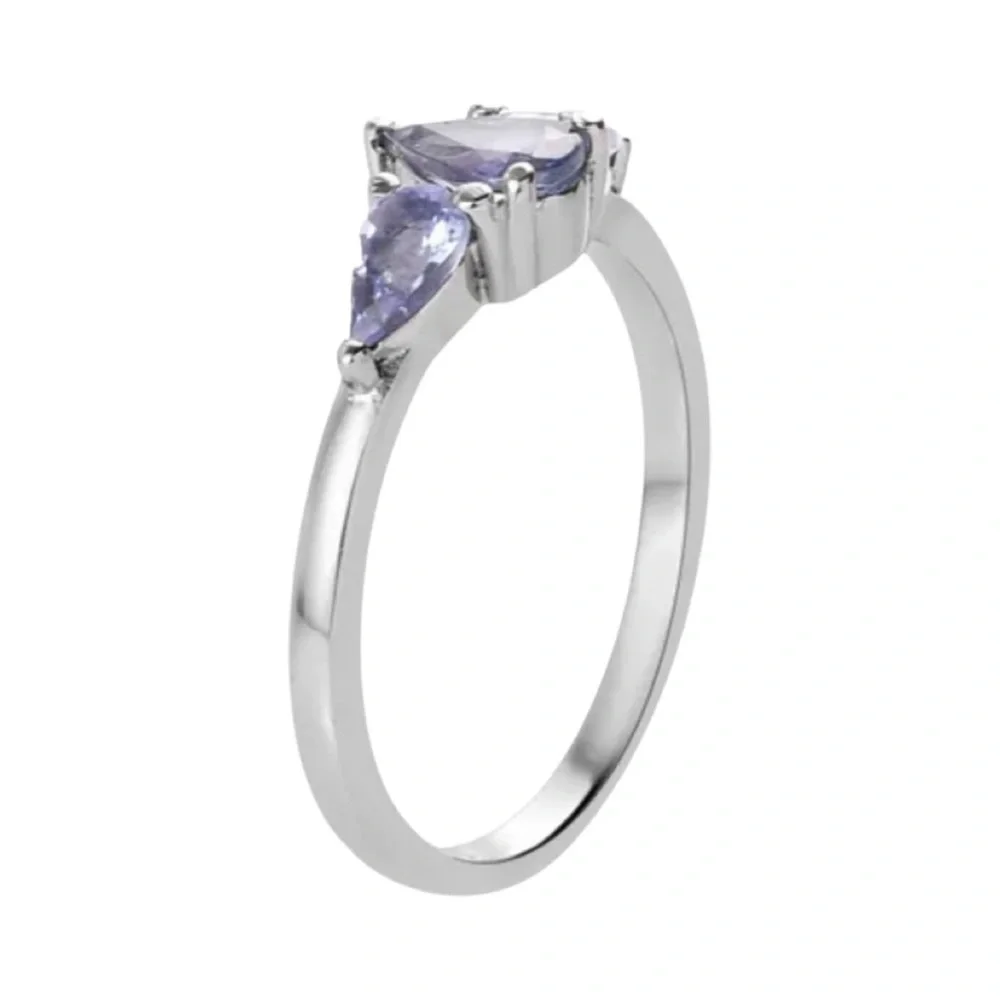 Genuine Teardrop 3 Stone Tanzanite Ring in Stainless Steel
